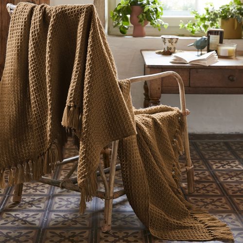 Plaid à Franges 180x220 Cm Polyéthylène Téréphtalate Camel