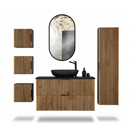 Ensemble Meubles 100 Cm - Vasque à Poser - Cubes Colonne - Miroir LED - Wotania