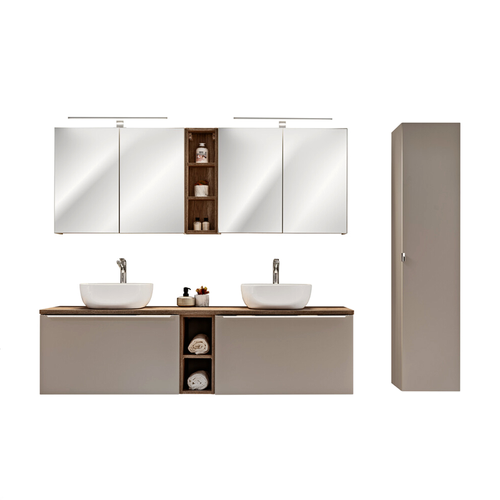 Meubles De Salle De Bain - 180 Cm - 2 Vasques + Plan - Colonne - 2 Meubles Miroirs LED - Bold Taupe