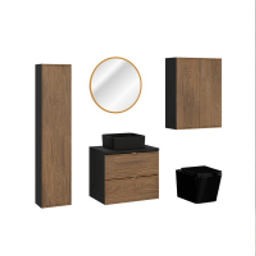 Ensemble De Meubles Sous Vasque - 60 Cm - Avec Plan - Vasque - Colonnes - Miroir LED - Wc - Mörk