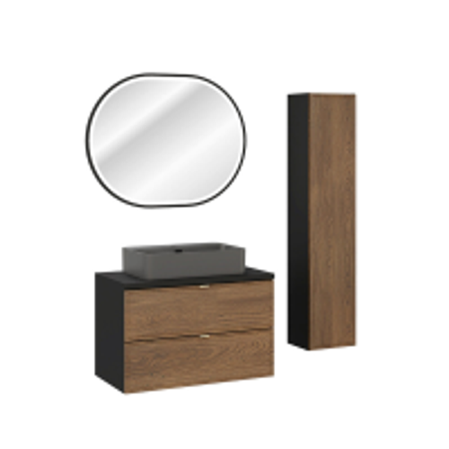 Ensemble De Meubles Sous Vasque - 80 Cm - Avec Plan - Vasque - Colonne - Miroir - Mörk