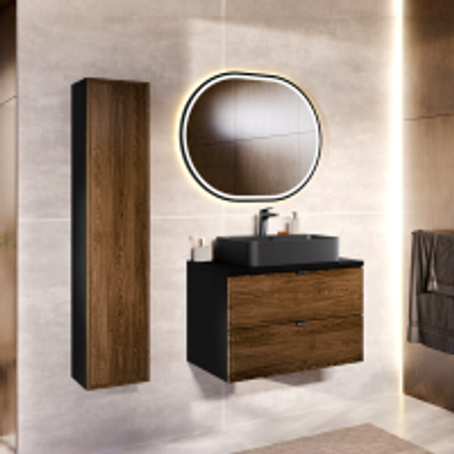 Ensemble De Meubles Sous Vasque - 80 Cm - Avec Plan - Vasque - Colonne - Miroir - Mörk