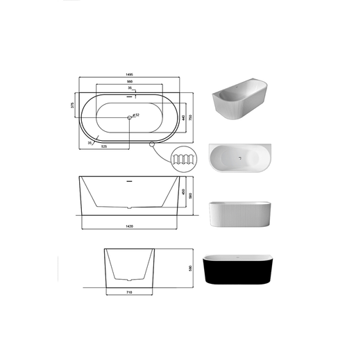 Baignoire Semi Îlot - 150 X 75 Cm - Avec Siphon Chrome - Pieds - Inclus - Leya Black