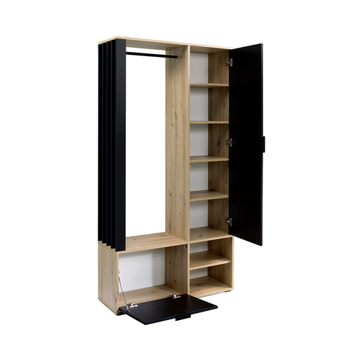 Meuble D’entrée Complet - Avec Penderie, Étagères Chaussures Et Miroir - Mino - Chêne Noir