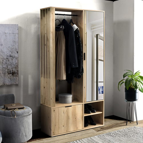 Meuble D’entrée Complet - Avec Penderie, Étagères Chaussures Et Miroir - Mino - Chêne