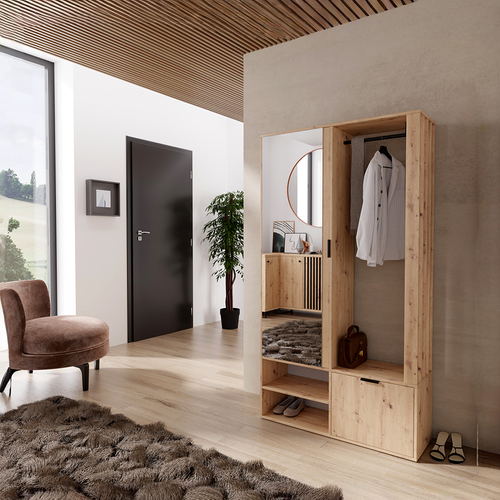 Meuble D’entrée Complet - Avec Penderie, Étagères Chaussures Et Miroir - Mino - Chêne