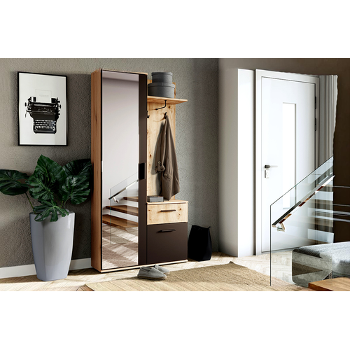 Meuble D’entrée Complet - Avec Penderie, Étagères Chaussures Et Miroir - Luxa - Chêne Truffe