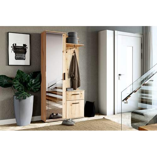 Meuble D’entrée Complet - Avec Penderie, Étagères Chaussures Et Miroir - Luxa - Bois Clair