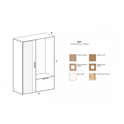 Meuble D’entrée Complet - Avec Penderie, Étagères Chaussures Et Miroir - Bisso - Kraft Blanc
