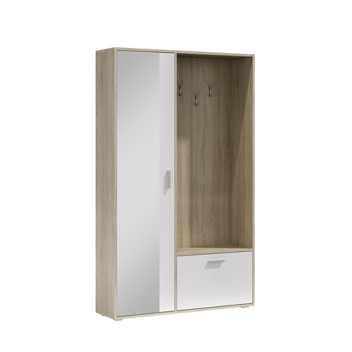 Meuble D’entrée Complet - Avec Penderie, Étagères Chaussures Et Miroir - Bisso - Chêne Blanc