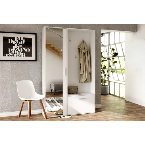 Meuble D’entrée Complet - Avec Penderie, Étagères Chaussures Et Miroir - Bisso - Blanc