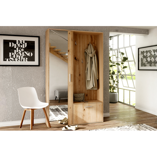 Meuble D’entrée Complet - Avec Penderie, Étagères Chaussures Et Miroir - Bisso - Bois Clair