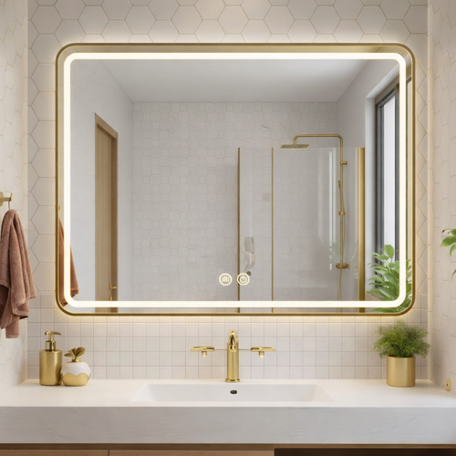 Miroir LED Rectangulaire - 80 X 60 Cm - Double Éclairage LED Façade Et Arrière - Or - Valoria