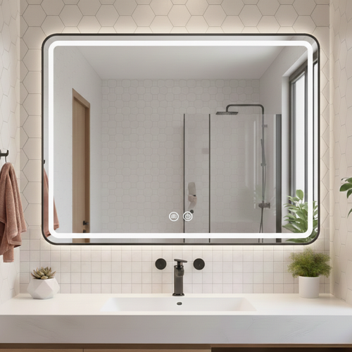 Miroir LED Rectangulaire - 80 X 60 Cm - Double Éclairage LED Façade Et Arrière - Noir - Valoria