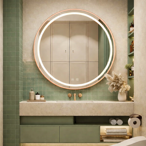 Miroir LED Rond - 60 X 60 Cm - Double Éclairage LED Façade Et Arrière - Or Rose - Célina