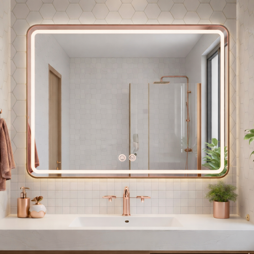 Miroir LED Rectangulaire - 80 X 60 Cm - Double Éclairage LED Façade Et Arrière - Or Rose - Valoria