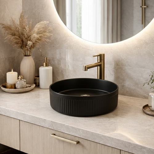 Vasque à Poser Ronde – 41,5 Cm – Noir Rainuré – Rivana