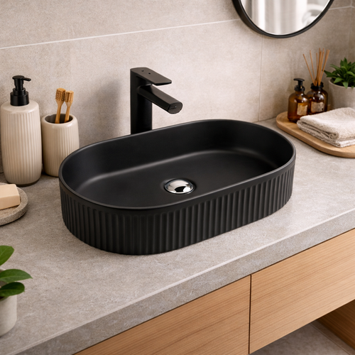 Vasque à Poser Ovale – 50 X 32 Cm – Noir Rainuré – Riva