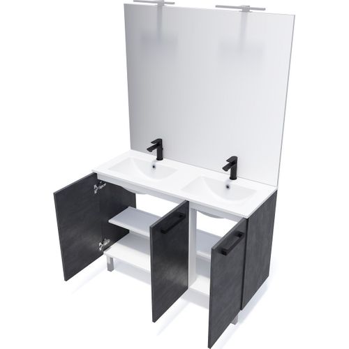 Meuble De Salle De Bain Double Vasque 120cm 3 Portes Ardoise Métallisée - Chelsea