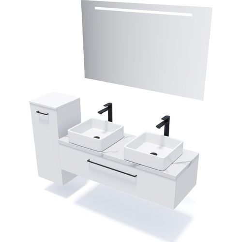 Meuble De Salle De Bain 2 Vasques Posées 120cm 1 Tiroir Blanc + Miroir - Glasgow