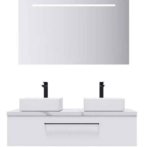 Meuble De Salle De Bain 2 Vasques Posées 120cm 1 Tiroir Blanc + Miroir - Glasgow