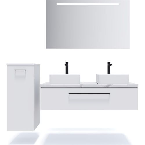 Meuble De Salle De Bain 2 Vasques Posées 120cm 1 Tiroir Blanc + Miroir - Glasgow