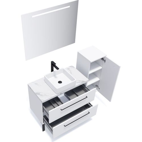 Ensemble Salle De Bain Vasque Posée 90cm 2 Tiroirs Blanc + Miroir + Colonne Droite - Glasgow