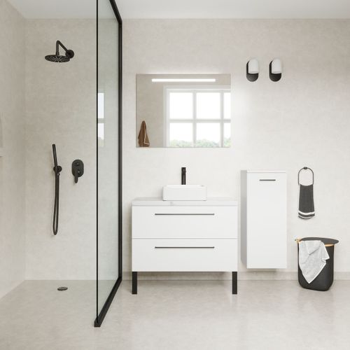 Ensemble Salle De Bain Vasque Posée 90cm 2 Tiroirs Blanc + Miroir + Colonne Droite - Glasgow