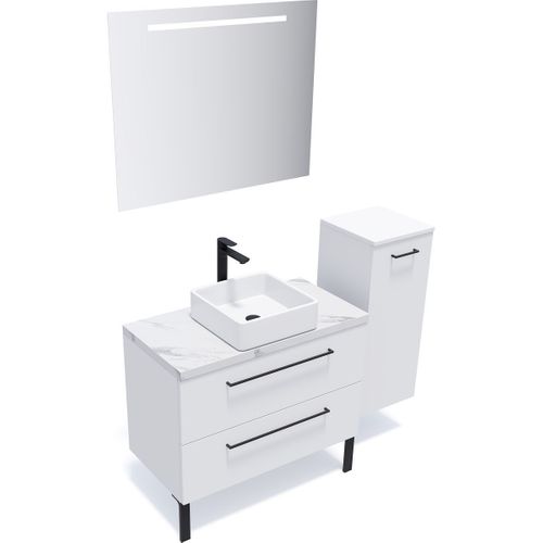 Ensemble Salle De Bain Vasque Posée 90cm 2 Tiroirs Blanc + Miroir + Colonne Droite - Glasgow