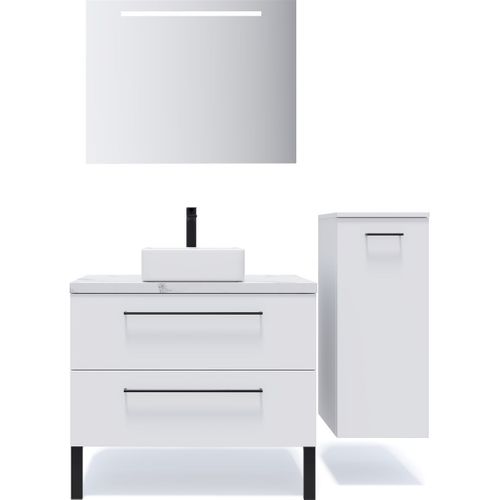 Ensemble Salle De Bain Vasque Posée 90cm 2 Tiroirs Blanc + Miroir + Colonne Droite - Glasgow