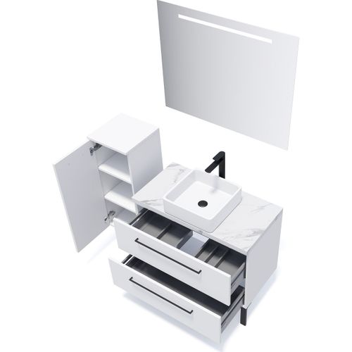 Meuble De Salle De Bain Vasque Posée 90cm 2 Tiroirs Blanc + Miroir - Glasgow