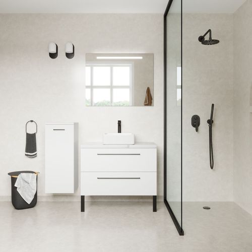 Meuble De Salle De Bain Vasque Posée 90cm 2 Tiroirs Blanc + Miroir - Glasgow