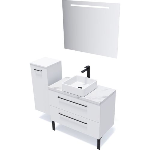 Meuble De Salle De Bain Vasque Posée 90cm 2 Tiroirs Blanc + Miroir - Glasgow