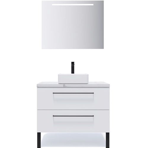Meuble De Salle De Bain Vasque Posée 90cm 2 Tiroirs Blanc + Miroir - Glasgow