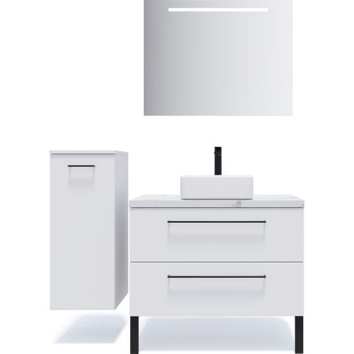 Meuble De Salle De Bain Vasque Posée 90cm 2 Tiroirs Blanc + Miroir - Glasgow