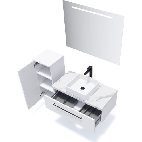 Meuble De Salle De Bain Vasque Posée 90cm 1 Tiroir Blanc + Miroir - Glasgow