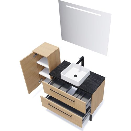 Ensemble Salle De Bain Vasque Posée 90cm 2 Tiroirs Chêne + Miroir + Colonne Gauche - Glasgow