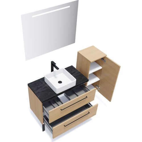 Ensemble Salle De Bain Vasque Posée 90cm 2 Tiroirs Chêne + Miroir + Colonne Droite - Glasgow