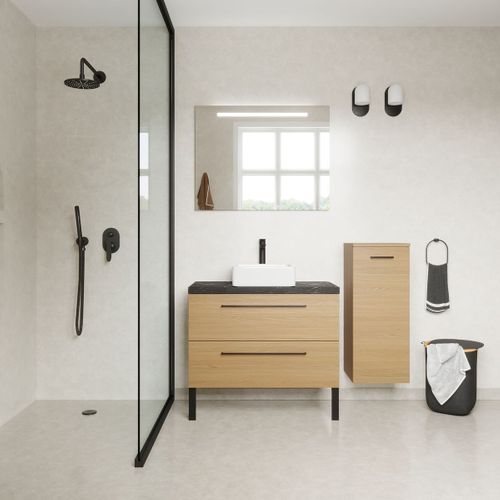 Ensemble Salle De Bain Vasque Posée 90cm 2 Tiroirs Chêne + Miroir + Colonne Droite - Glasgow