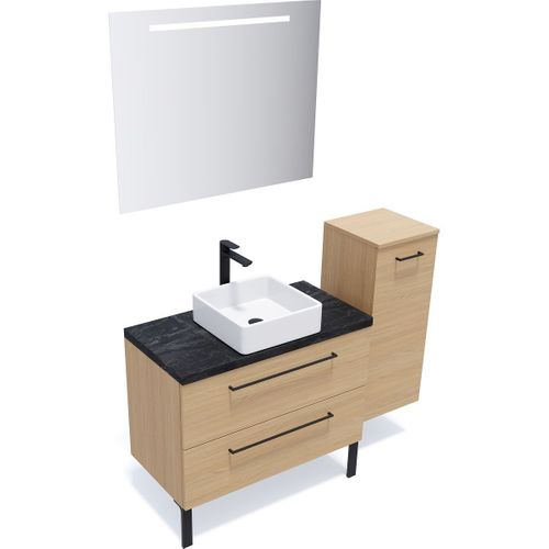 Ensemble Salle De Bain Vasque Posée 90cm 2 Tiroirs Chêne + Miroir + Colonne Droite - Glasgow
