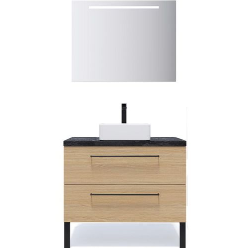 Meuble De Salle De Bain Vasque Posée 90cm 2 Tiroirs Chêne + Miroir - Glasgow