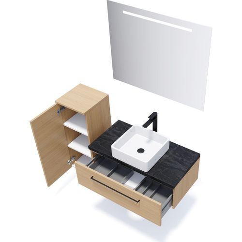 Meuble De Salle De Bain Vasque Posée 90cm 1 Tiroir Chêne + Miroir - Glasgow