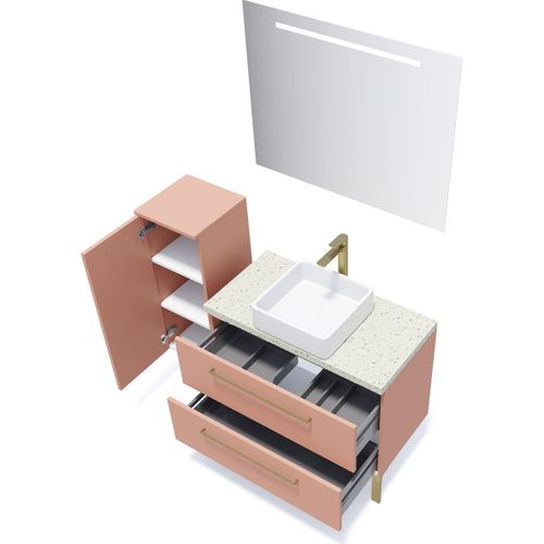 Ensemble Salle De Bain Vasque Posée 90cm 2 Tiroirs Abricot + Miroir + Colonne Gauche - Glasgow