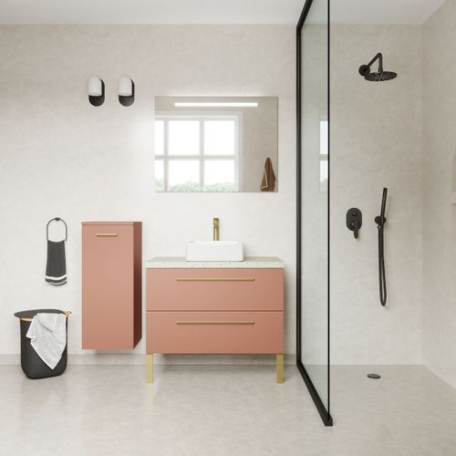 Ensemble Salle De Bain Vasque Posée 90cm 2 Tiroirs Abricot + Miroir + Colonne Gauche - Glasgow