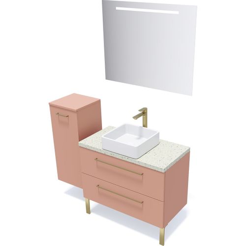 Ensemble Salle De Bain Vasque Posée 90cm 2 Tiroirs Abricot + Miroir + Colonne Gauche - Glasgow