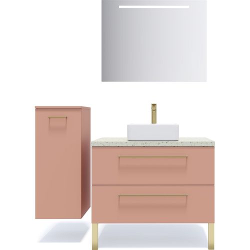 Ensemble Salle De Bain Vasque Posée 90cm 2 Tiroirs Abricot + Miroir + Colonne Gauche - Glasgow