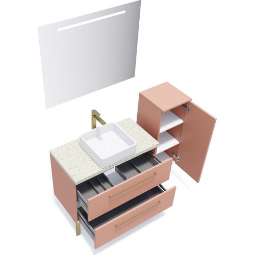 Ensemble Salle De Bain Vasque Posée 90cm 2 Tiroirs Abricot + Miroir + Colonne Droite - Glasgow