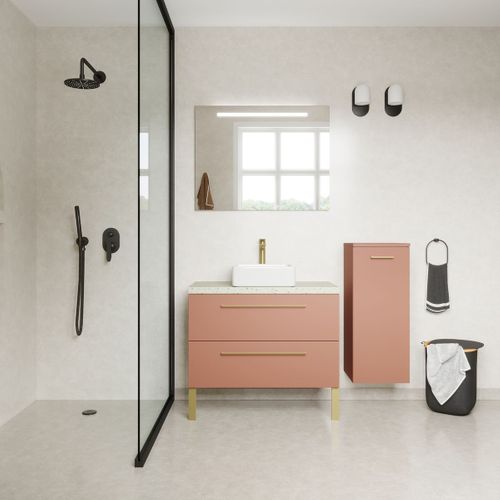 Ensemble Salle De Bain Vasque Posée 90cm 2 Tiroirs Abricot + Miroir + Colonne Droite - Glasgow