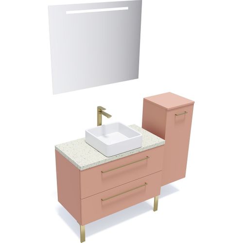 Ensemble Salle De Bain Vasque Posée 90cm 2 Tiroirs Abricot + Miroir + Colonne Droite - Glasgow