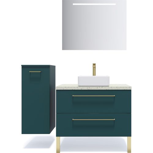 Ensemble Salle De Bain Vasque Posée 90cm 2 Tiroirs Bleu + Miroir + Colonne Gauche - Glasgow